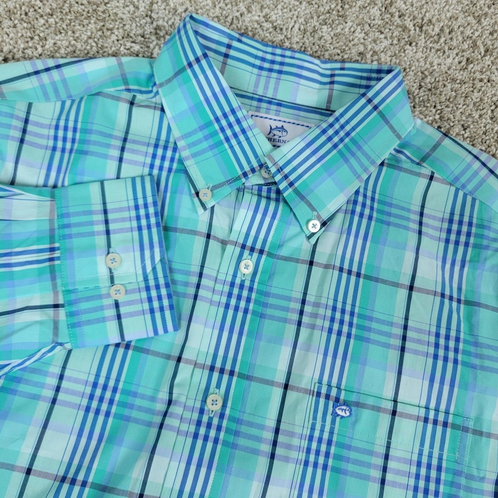 Southern Tide Mens‎ Large Blue Green Plaid Button Down Long Sleeve Performance